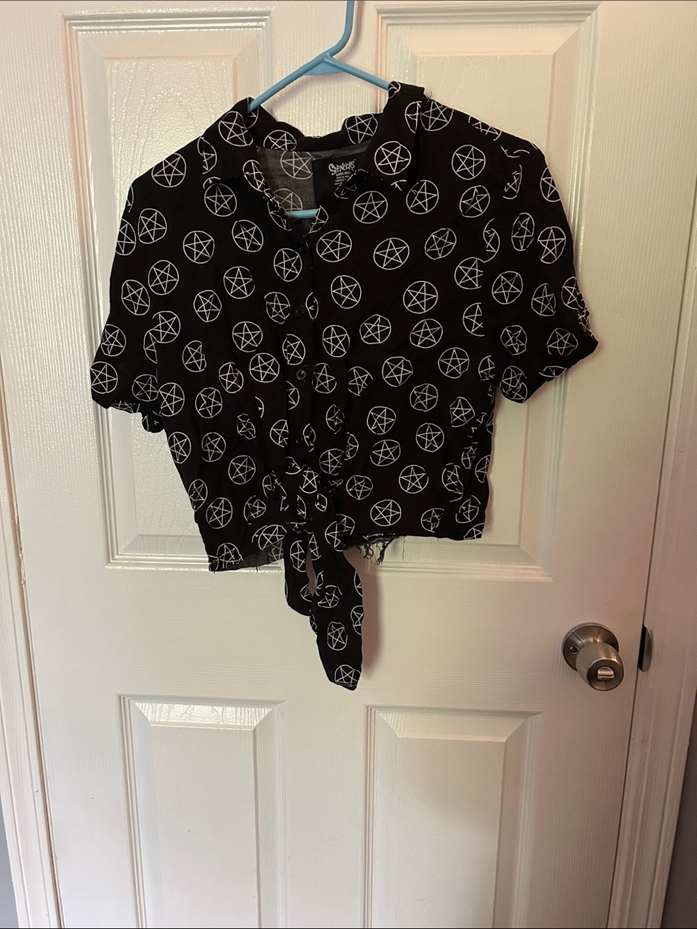Spencer's Black Crop Button-Up Shirt with White Pentagram Print